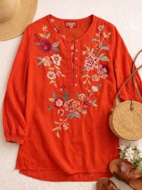 Johnny Was Workshop Embroidered Floral Red Tunic Top Boho XS